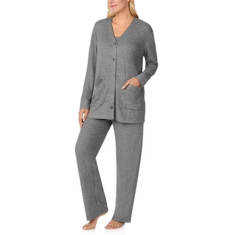 Cuddl Duds 3-Piece PJ Set XS Grey Ribbed Knit Cardigan Tank Pants NWT